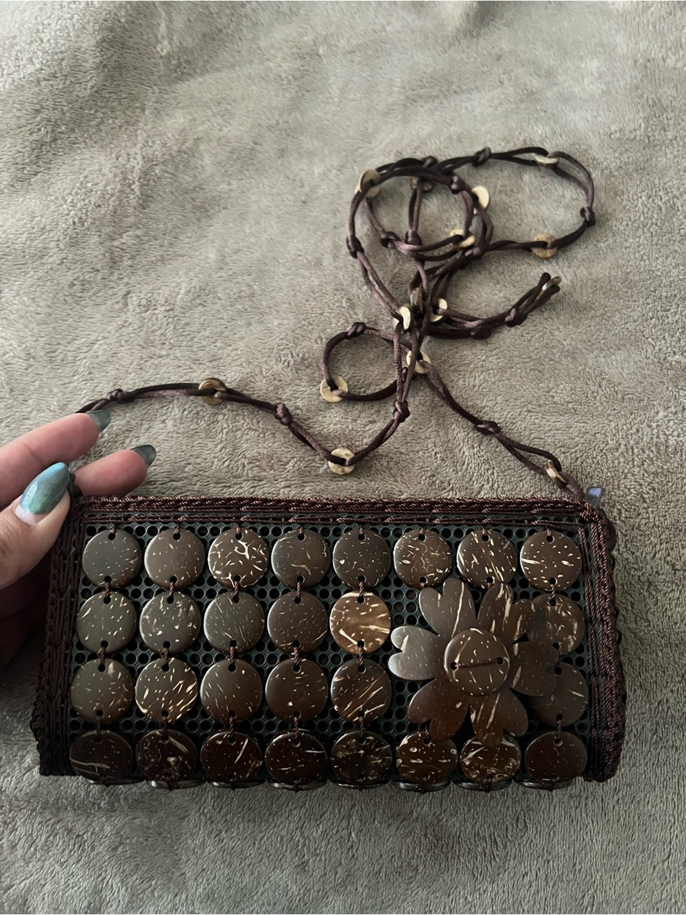 Woven Coconut Disc Crossbody Bag in Dark Brown